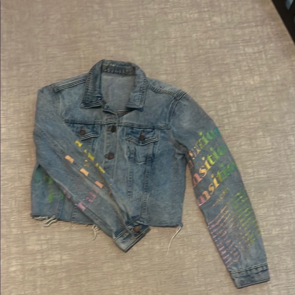 Blue And Pink Cropped Jean Jacket With Decorative Sleeves